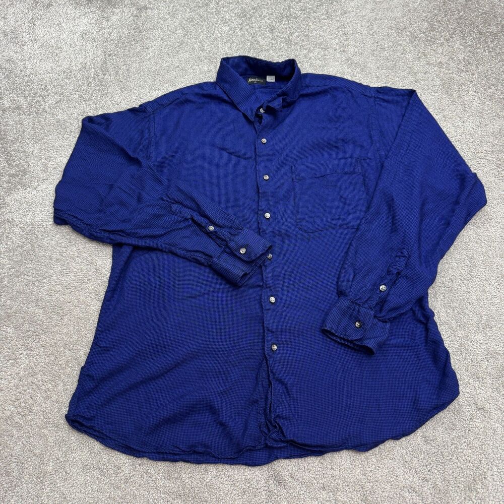 Vintage 90s Neiman Marcus Button Down Shirt Mens XL Blue Houndstooth Long Sleeve